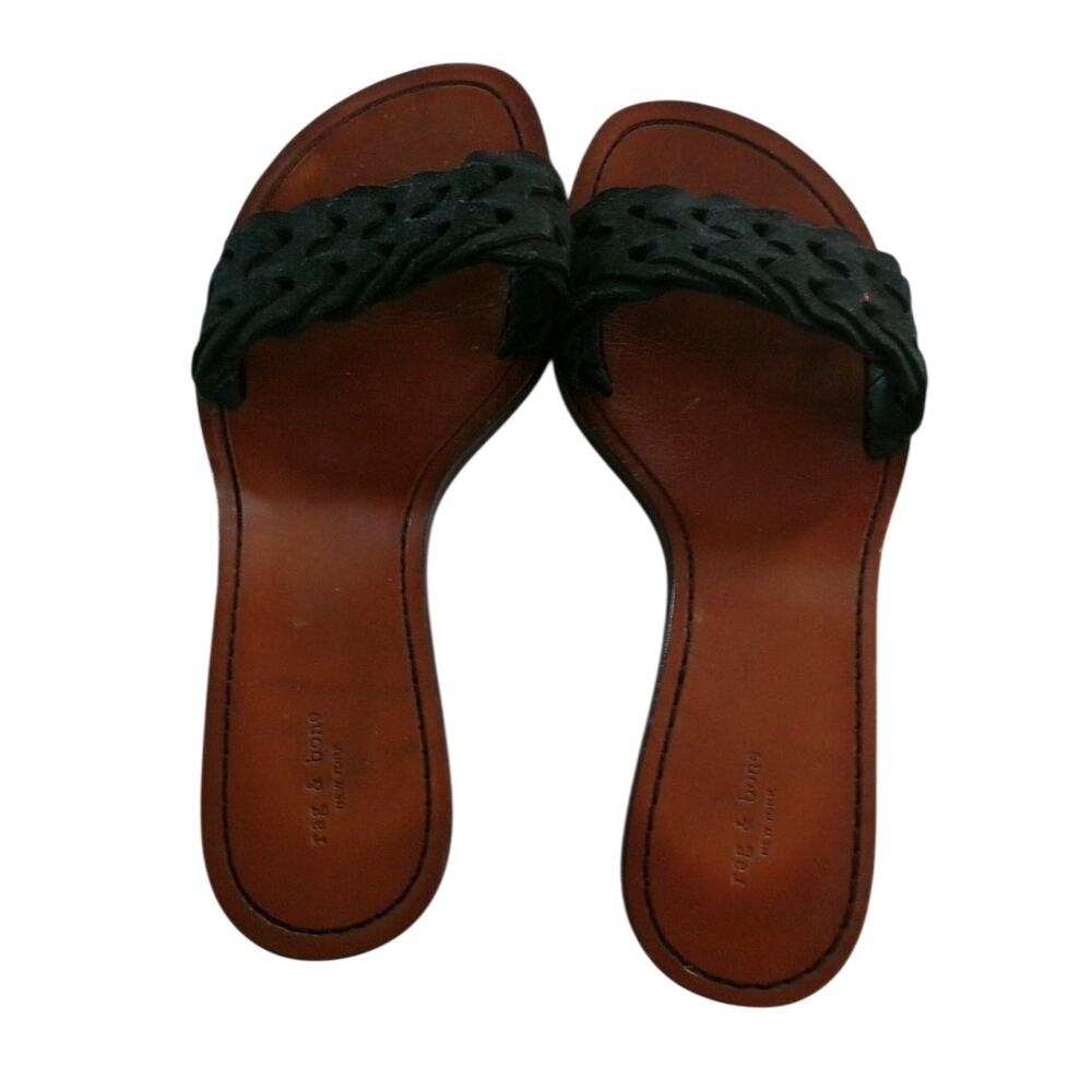 Rag & Bone Black Suede Braided Kitten Heel Slide Sandals Women's 37